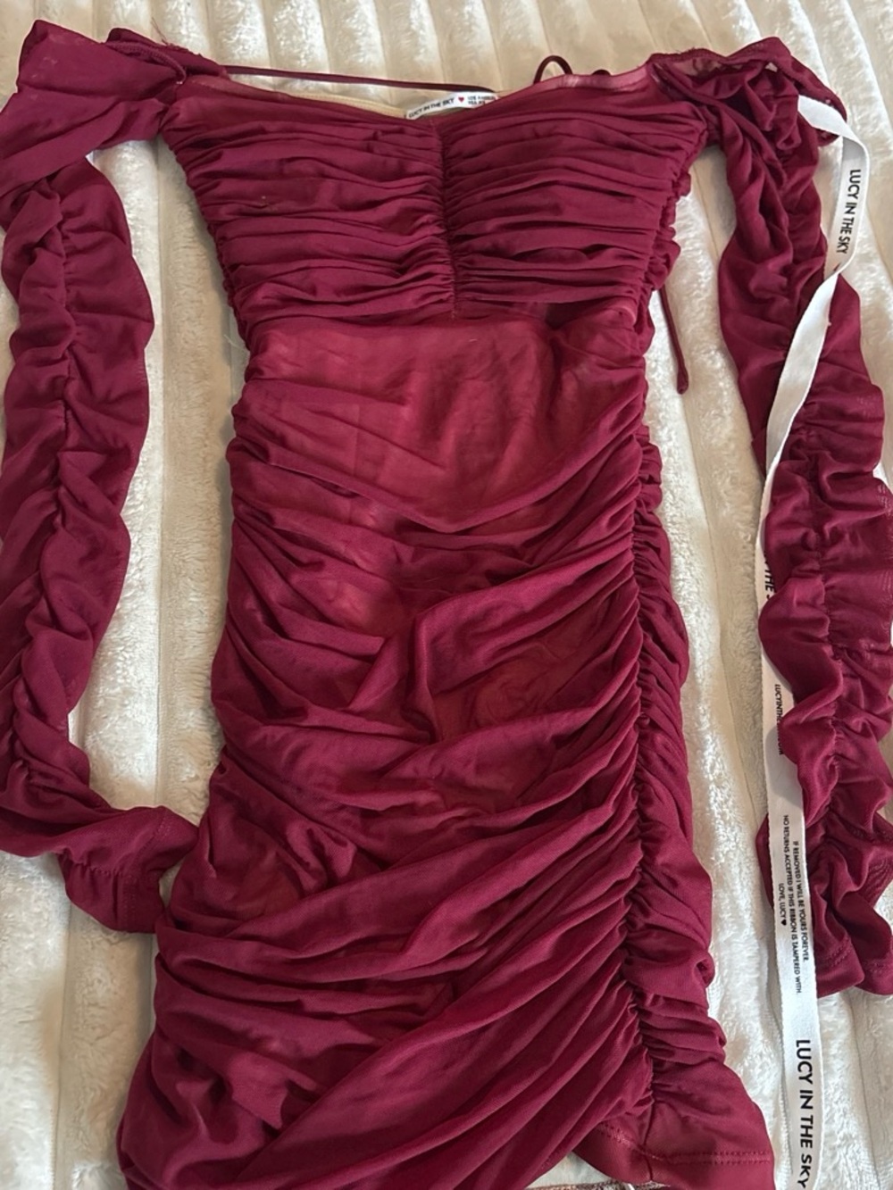 Lucy in the Sky Burgundy Ruched Off-Shoulder Long Sleeve Dress